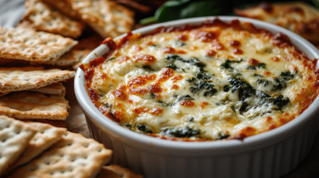 Close-up of hot spinach artichoke dip, topped with melted cheese, paired with a variety of crackers and bread slices for dipping. A comforting, cheesy treat.の素材