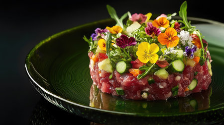 Fine dining tartare beef flower circle salad with raw beef, fresh vegetables, and edible flowers, artistically displayed on a green plate atop a black reflective surface.の素材