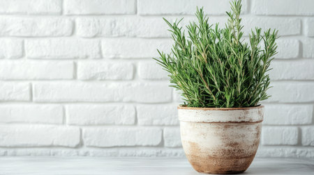 Fresh rosemary in a rustic pot, placed in front of a white brick wall. Minimalistic setup with space for text on the left side.の素材