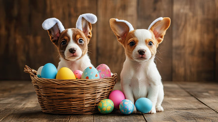 Adorable puppies in bunny ears sitting beside a basket of colorful Easter eggs on a rustic wood floor. The perfect mix of cuteness and Easter spirit.の素材