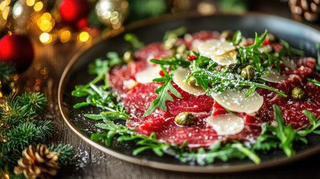 Christmas beef carpaccio with vibrant garnishes of arugula, parmesan, and capers, served on a decorated holiday table, ready for a festive feast.の素材