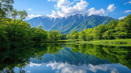 A stunning view of Kamikachiaes Azusa River reflecting the fresh green trees and the majestic Hotaka Mountains, creating a peaceful and picturesque landscape.の素材