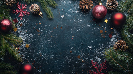 Christmas and New Year background with pine branches, festive baubles, and snowflakes scattered on a dark surface, top viewの素材