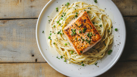 Flat lay of creamy pasta topped with golden-brown salmon on a white plate, set on a rustic wooden table. A delicious, gourmet meal with perfect textures and flavors.の素材