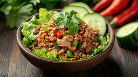 Bowl of spicy minced duck served with raw vegetables like lettuce, cucumber, and cilantro, all displayed on a rustic wooden surface. Perfect for Thai food and street cuisine themes.の素材