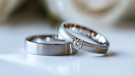 A pair of silver wedding rings, one with a diamond setting, placed side by side on a clean, white surface, representing unity and eternal love.の素材