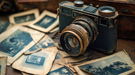 Antique camera with a brass lens, placed on an old wooden table with faded photographs scattered around, nostalgic and vintage aestheticの素材