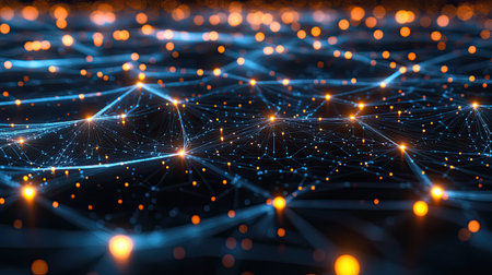 A glowing network of connected nodes and sleek lines on a dark, abstract background, ideal for creating modern and high-tech digital posters or social media visuals.の素材