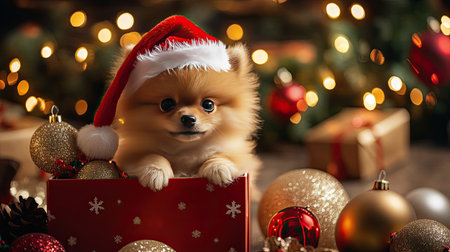 Adorable Pomeranian puppy wearing a Santa hat, sitting inside a festive gift box, surrounded by holiday decorations and Christmas lights. Space for Merry Christmas text.の素材