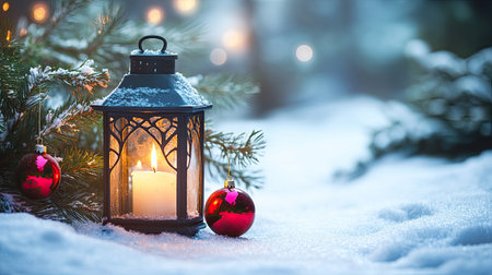 Christmas lantern with a burning candle sits on a snowy path, surrounded by pine branches and ornaments. Space for text above the glowing scene.の素材