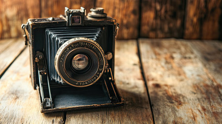 Classic folding camera with a bellows lens, placed on a rustic wooden surface, soft shadows and warm lighting, showcasing vintage designの素材