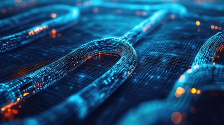 3D blockchain grid with interconnected data points and glowing lines, set against a deep blue digital background, representing advanced data analysis and technology.の素材
