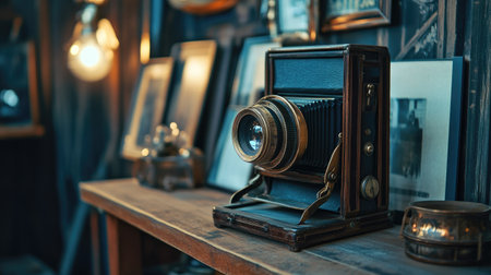 Classic bellows camera with a brass lens, standing on a wooden shelf next to antique items, softly lit to highlight its historical valueの素材