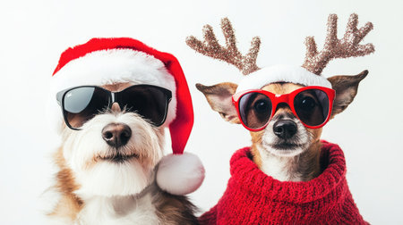Cool Santa Claus and his helper in sunglasses, alongside a Jack Russell Terrier dressed as a reindeer, all set against a white background for a fun, modern holiday theme.の素材