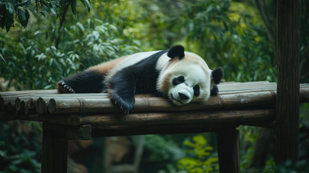 Cute giant panda bear napping on a wooden platform in a zoo, surrounded by greenery. Captures the serenity of wildlife in a controlled habitat.の素材