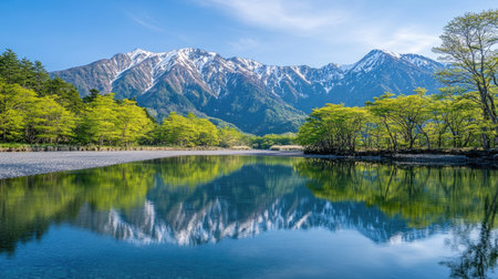A stunning view of Kamikachiaes Azusa River reflecting the fresh green trees and the majestic Hotaka Mountains, creating a peaceful and picturesque landscape.の素材