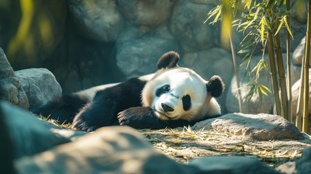 Cute giant panda bear sleeping in the shade of its zoo enclosure, surrounded by natural elements like bamboo and rocks.の素材