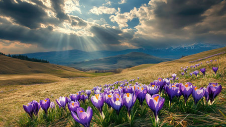 Crocuses in bloom on a hillside, bathed in sunlight, with rays breaking through scattered clouds. The green grass complements the vibrant purple flowers perfectly.の素材