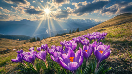 Crocuses in bloom on a hillside, bathed in sunlight, with rays breaking through scattered clouds. The green grass complements the vibrant purple flowers perfectly.の素材