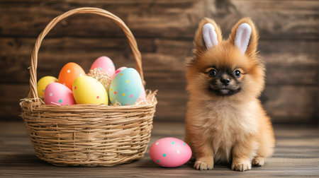Cute Pomeranian-Pekingese puppies wearing bunny ears sitting next to a basket of bright Easter eggs on a wooden floor. Ideal for Easter greetings and promotional banners.の素材