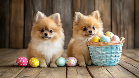 Fluffy Pomeranian mix puppies in bunny ears beside a vibrant Easter egg basket on a wooden floor. The festive setting is perfect for Easter-themed banners.の素材