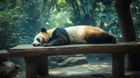 Giant panda bear lying on its belly, fast asleep on a wooden bench in a zoo habitat. A heartwarming scene for nature and animal photography.の素材