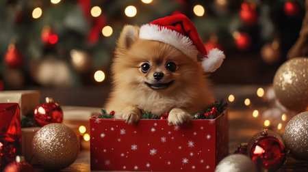 Fluffy Pomeranian puppy wearing a Santa hat, sitting in a Christmas gift box with festive holiday decorations and lights around. Ideal for holiday greeting cards.の素材