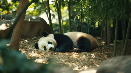 Giant panda bear curled up and sleeping under the shade of bamboo trees in a zoo. An endearing sight for animal-themed content.の素材