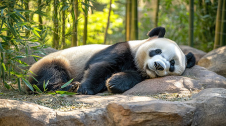 Giant panda bear napping in a comfortable corner of its zoo enclosure, with bamboo plants providing natural decor. Perfect for zoo and animal-related stock photos.の素材
