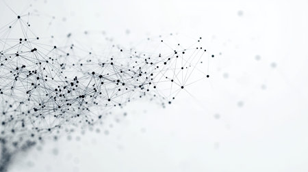 Futuristic network of interconnected dots and lines forming an abstract mesh on a white background, symbolizing digital technology and big data connections.の素材
