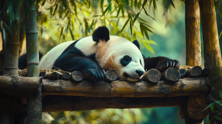 Giant panda bear snoozing under a wooden shelter in a zoo, surrounded by bamboo stalks. Captures the adorable calmness of a resting panda.の素材