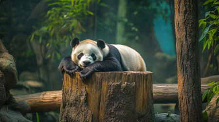 Giant panda bear napping on a tree stump in a zoo, looking utterly relaxed in its natural habitat. Perfect for wildlife and zoo-themed stock photos.の素材