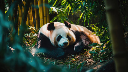 Giant panda bear curled up and sleeping under the shade of bamboo trees in a zoo. An endearing sight for animal-themed content.の素材