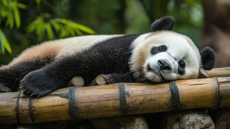 Giant panda bear resting on a bamboo-filled platform in a zoo, looking cute and cozy in its sleep. Great for nature and animal-themed projects.の素材