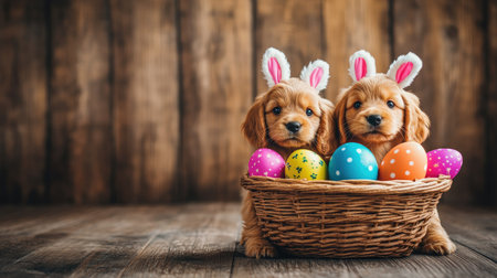 Happy Easter Day with fluffy puppies in bunny ears next to a basket of vibrant eggs, sitting on a wooden floor. Ample space for adding holiday text.の素材