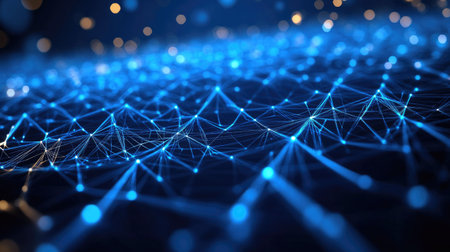 High-tech blockchain network in 3D, with data points connected by glowing lines, set against a deep blue cyberspace matrix. Ideal for digital data analysis concepts.の素材