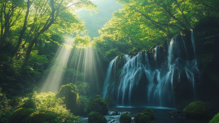 Lush green forest in Kikuchi Valley surrounds a cascading waterfall, with sunlight breaking through the trees, creating ethereal rays that illuminate the water and rocks.の素材