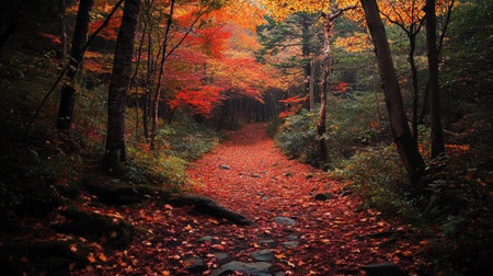 A peaceful hiking trail through Tsuta Onsen's autumn forest, leaves in shades of red, orange, and yellow blanketing the ground.の素材