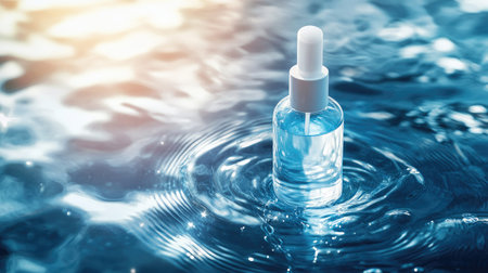 Hyaluronic acid skincare bottle floating among rippling water. Natural setting with sunlight shining through. Hydration and purity concept.の素材
