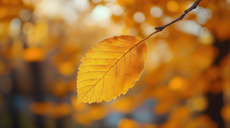Close-up of a golden-yellow leaf in autumn, with a background of orange trees and bright bokeh, capturing the essence of a sunny day in the park.の素材
