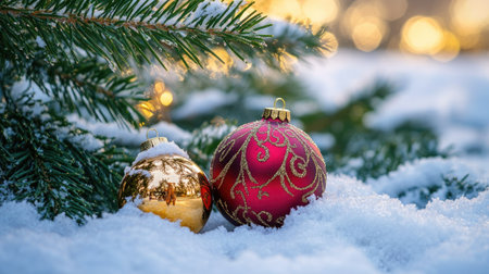 A pair of colorful baubles resting on snow, framed by the snowy branches of a Christmas tree. The scene captures the joy and beauty of a traditional holiday.の素材