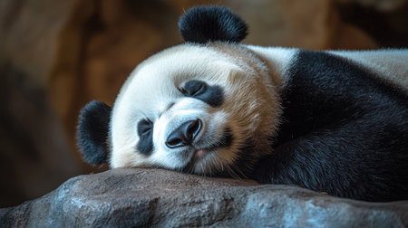 Adorable giant panda bear sleeping on its side in a zoo enclosure, with a soft expression and cozy posture. Ideal for animal and wildlife content.の素材