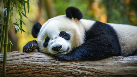 Adorable giant panda bear curled up and fast asleep in its zoo habitat, with bamboo trees nearby. Ideal for wildlife and nature stock photos.の素材
