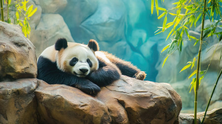 Adorable giant panda bear taking a nap on a rock in a zoo, surrounded by bamboo leaves. A cute moment of relaxation captured in a wildlife setting.の素材