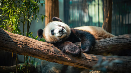 Adorable giant panda bear sleeping peacefully on a tree branch in a zoo enclosure. Perfect for wildlife and nature-related themes.の素材