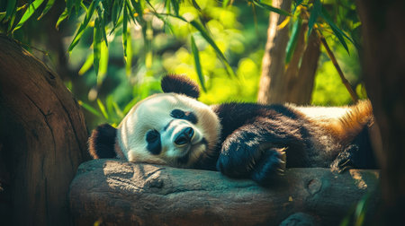 Giant panda bear curled up and sleeping under the shade of bamboo trees in a zoo. An endearing sight for animal-themed content.の素材