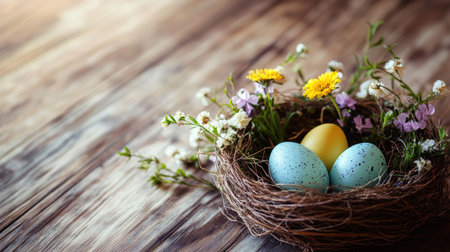 Festive Easter eggs in a nest with fresh flowers on a wood background. Generous space available for adding Easter-themed text or marketing copy.の素材