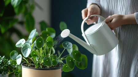 Home gardening scene with a woman watering her Pilea peperomioides plant. The white metal watering can adds a modern touch to the indoor plant care routine.の素材