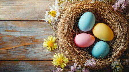 Happy Easter day scene with colorful eggs nestled in a natural straw nest, surrounded by spring flowers on a rustic wooden background. Ample copy space for text or greetings.の素材