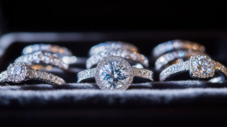 Multiple diamond rings in a plush jewelry box, each reflecting light beautifully, arranged in a row of stunning elegance.の素材